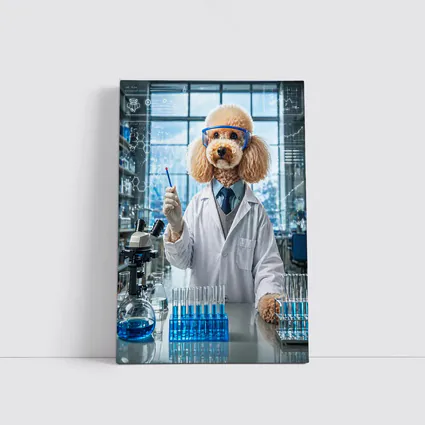 Poodle Scientist In Laboratory With Blue Flasks