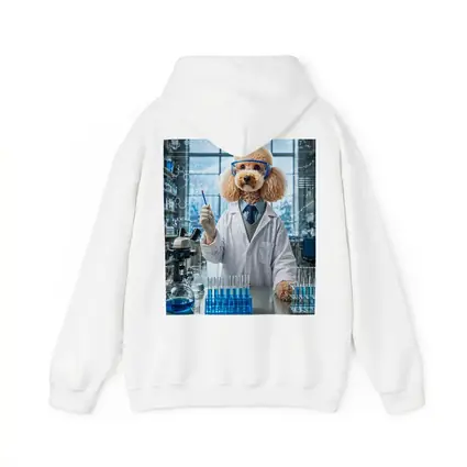 Poodle Scientist In Laboratory With Blue Flasks