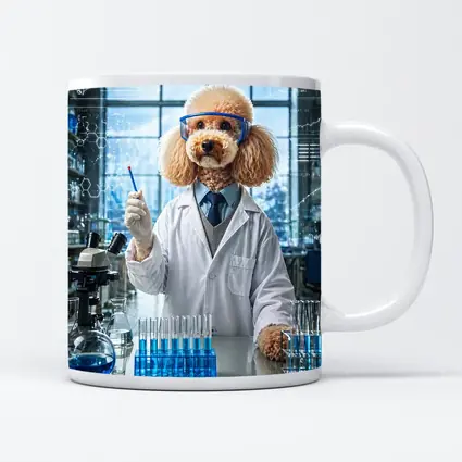 Poodle Scientist In Laboratory With Blue Flasks