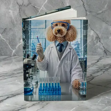Poodle Scientist In Laboratory With Blue Flasks
