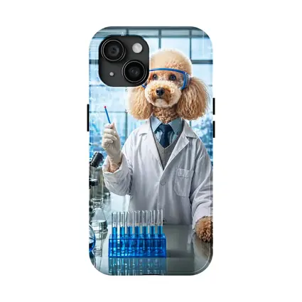 Poodle Scientist In Laboratory With Blue Flasks