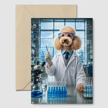 Poodle Scientist In Laboratory With Blue Flasks