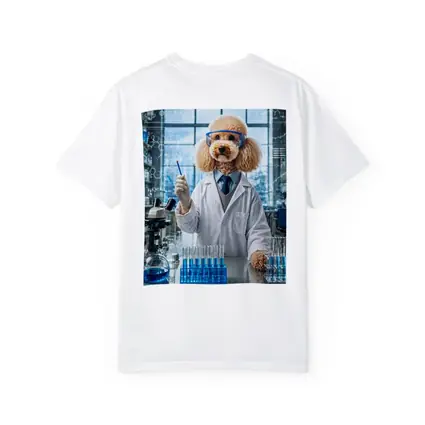 Poodle Scientist In Laboratory With Blue Flasks
