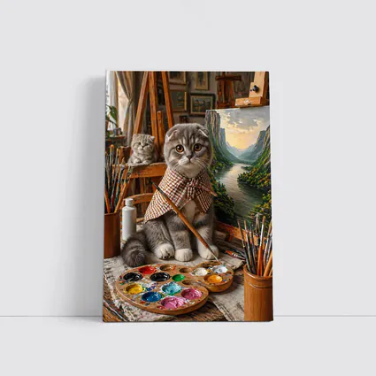 Scottish Fold Cat Artist Painting in Studio