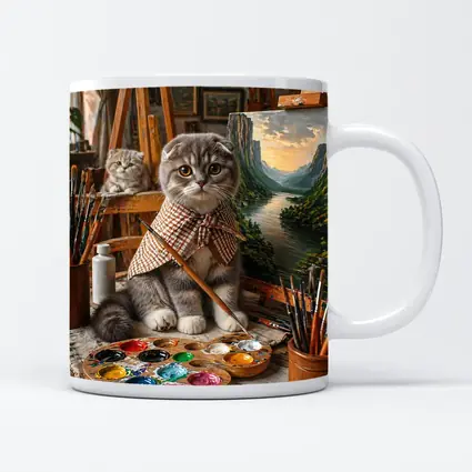 Scottish Fold Cat Artist Painting in Studio