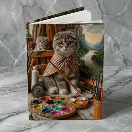 Scottish Fold Cat Artist Painting in Studio