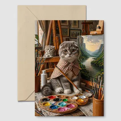 Scottish Fold Cat Artist Painting in Studio