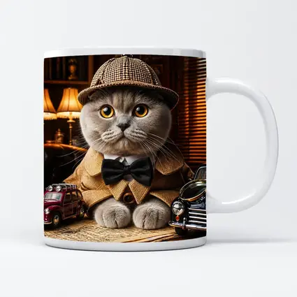 Scottish Fold Detective Cat Library Setting