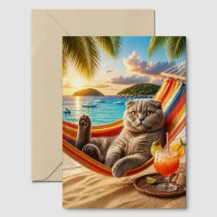 Scottish Fold Cat Relaxing Beach Hammock Sunset