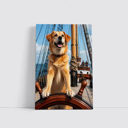 Golden Retriever Captain Steering Tall Ship