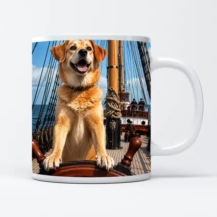 Golden Retriever Captain Steering Tall Ship