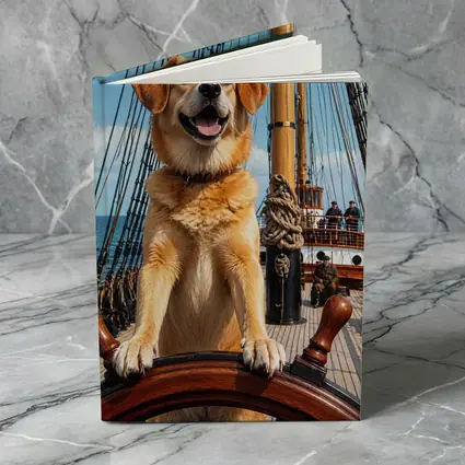 Golden Retriever Captain Steering Tall Ship