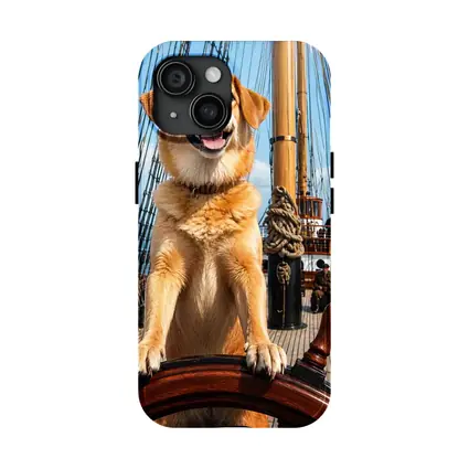 Golden Retriever Captain Steering Tall Ship
