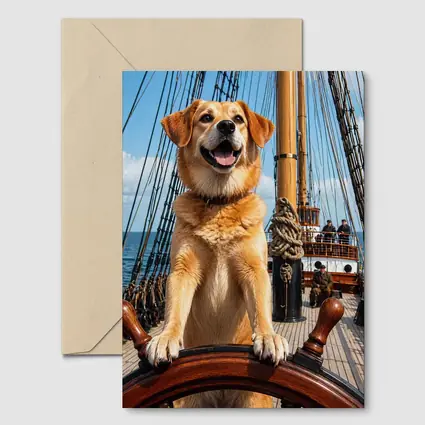 Golden Retriever Captain Steering Tall Ship
