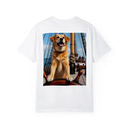 Golden Retriever Captain Steering Tall Ship