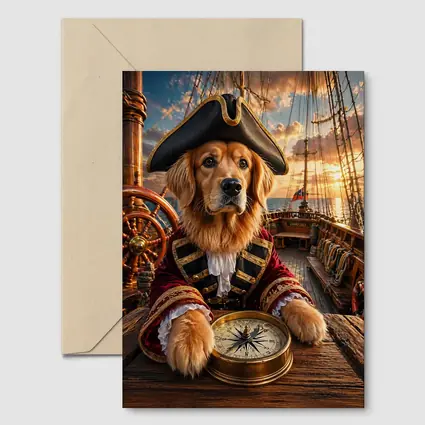 Golden Retriever Pirate Captain On Ship Deck