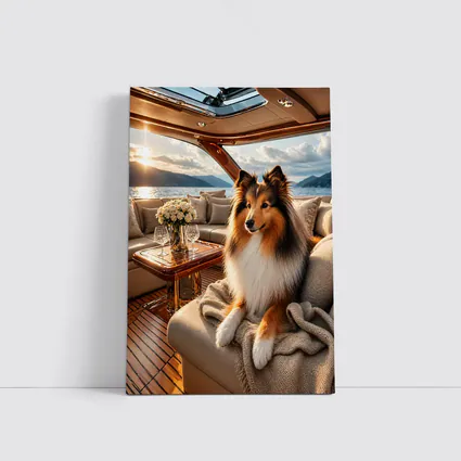 Shetland Sheepdog Relaxing on Luxury Yacht Interior