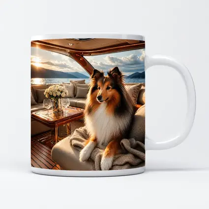 Shetland Sheepdog Relaxing on Luxury Yacht Interior