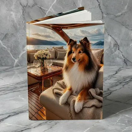 Shetland Sheepdog Relaxing on Luxury Yacht Interior