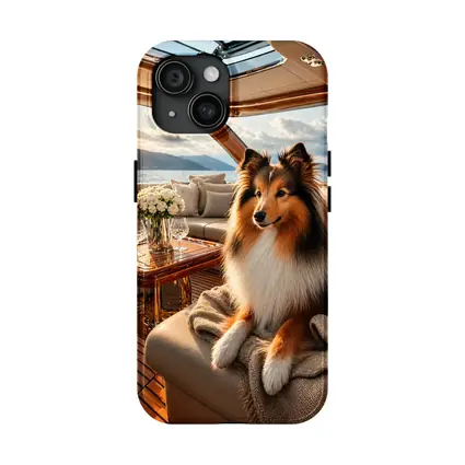 Shetland Sheepdog Relaxing on Luxury Yacht Interior