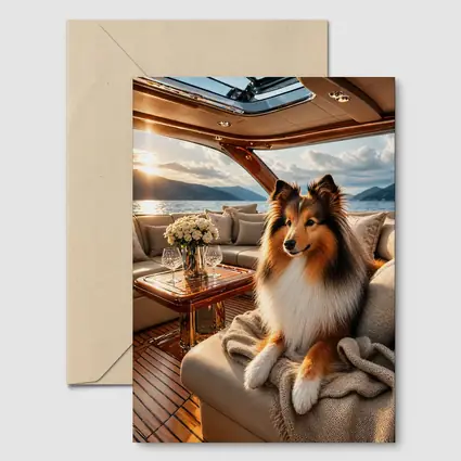 Shetland Sheepdog Relaxing on Luxury Yacht Interior