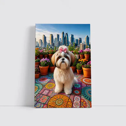 Shih Tzu Dog Rooftop City Skyline Flowers