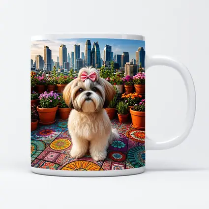 Shih Tzu Dog Rooftop City Skyline Flowers