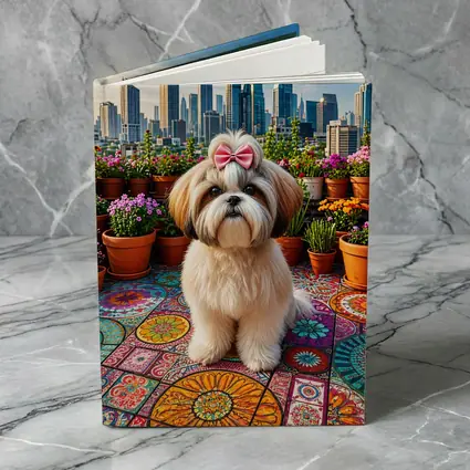 Shih Tzu Dog Rooftop City Skyline Flowers