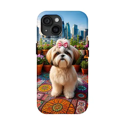 Shih Tzu Dog Rooftop City Skyline Flowers