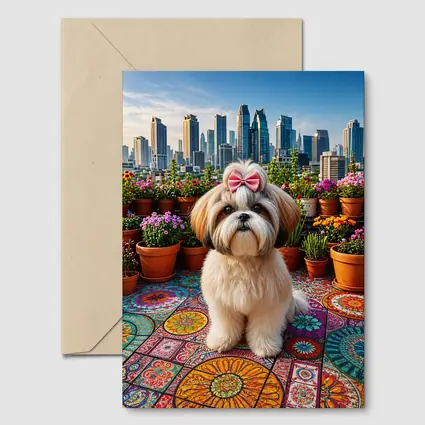 Shih Tzu Dog Rooftop City Skyline Flowers