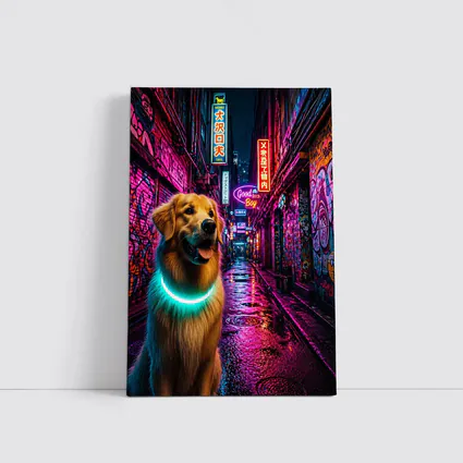 Golden Retriever Glowing Collar Neon City Alley
