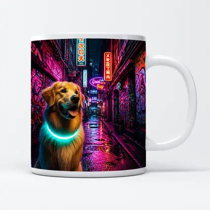 Golden Retriever Glowing Collar Neon City Alley