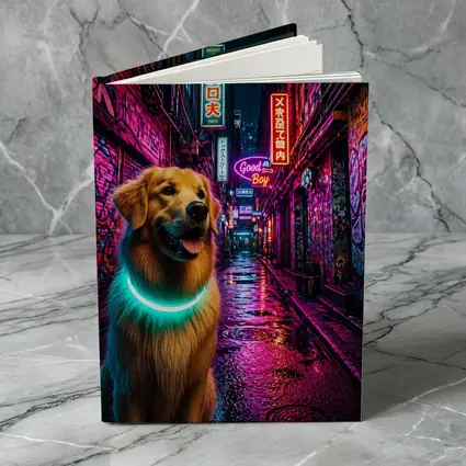 Golden Retriever Glowing Collar Neon City Alley