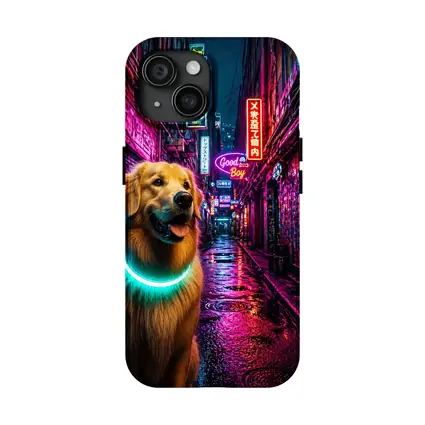 Golden Retriever Glowing Collar Neon City Alley