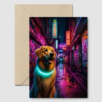 Golden Retriever Glowing Collar Neon City Alley