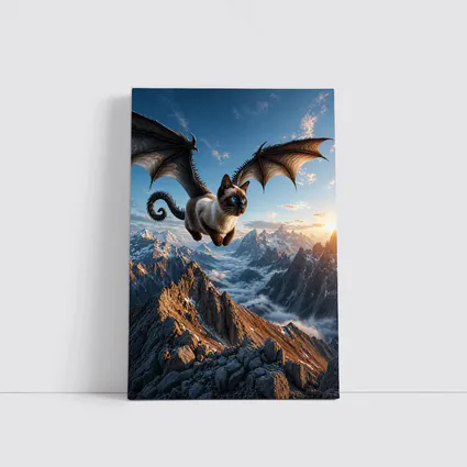 Siamese Cat Dragon Wings Flying Over Mountains