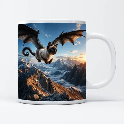 Siamese Cat Dragon Wings Flying Over Mountains