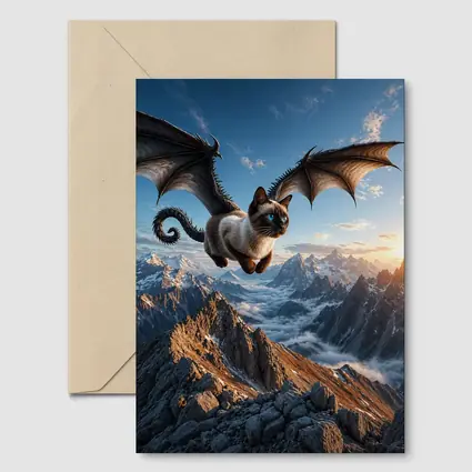 Siamese Cat Dragon Wings Flying Over Mountains