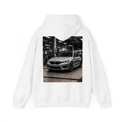 Silver BMW M5 Inside Auto Service Bay