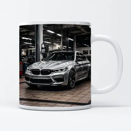 Silver BMW M5 Inside Auto Service Bay