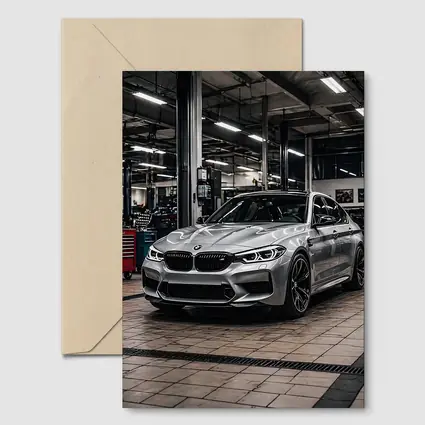 Silver BMW M5 Inside Auto Service Bay