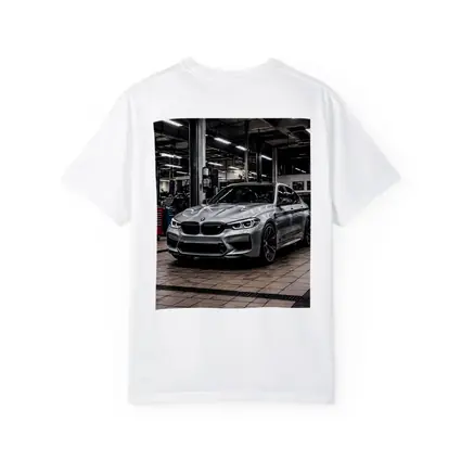 Silver BMW M5 Inside Auto Service Bay