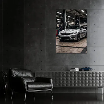 Silver BMW M5 Inside Auto Service Bay