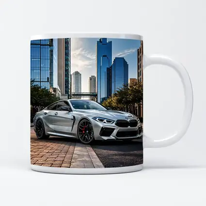 BMW M8 Silver Coupe City Skyline