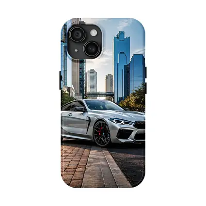BMW M8 Silver Coupe City Skyline