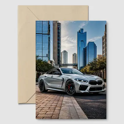 BMW M8 Silver Coupe City Skyline