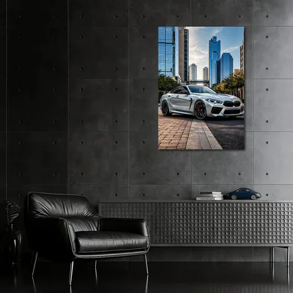 BMW M8 Silver Coupe City Skyline