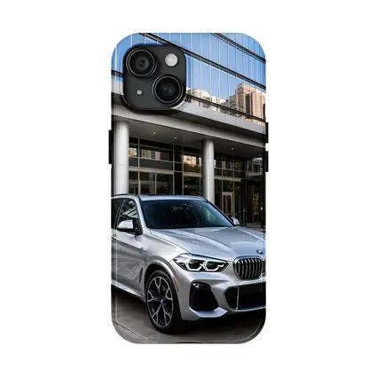 BMW X5 Silver SUV Urban Building Background