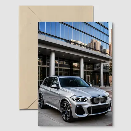 BMW X5 Silver SUV Urban Building Background