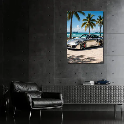 Silver Porsche 911 Turbo Beach Palm Trees